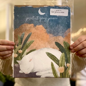 Peaceful Cat Wall Art / Cat Print / Rustic Poster / Handmade Paper Print / Protect Your Peace / Cat Lover Gift