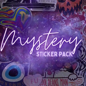 May include: A sticker pack with a purple galaxy background. The text "Mystery Sticker Pack" is in white. The stickers include a heart, a mushroom, a cat, a skull, an eye, and a moon.