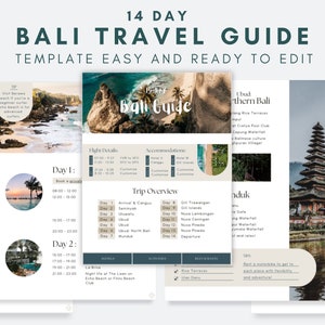 Può includere: Un modello di guida di viaggio di 14 giorni a Bali con uno sfondo marrone chiaro e una barra del titolo verde acqua. La guida include una panoramica del viaggio, i dettagli del volo, suggerimenti per l'alloggio e un elenco di attività. Il modello è facile da modificare ed è pronto per l'uso.