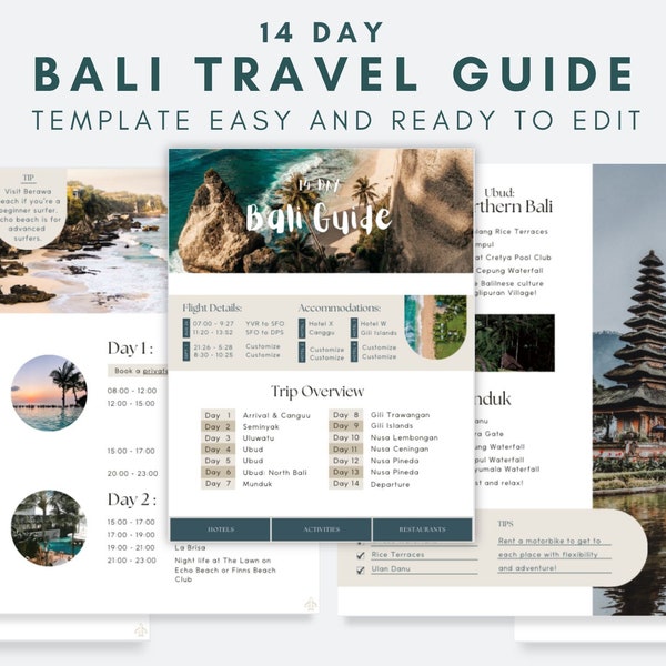 Travel Itinerary Template, Travel Bali, Modern Guide, Desktop, Ipad, Tablet, Editable on Canva, Printable, Digital Download, Indonesia