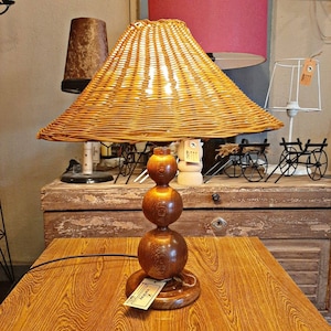 Rattan table lamp ,  Wood base handmade lampshade , bamboo table lamp , Bedside table lamp