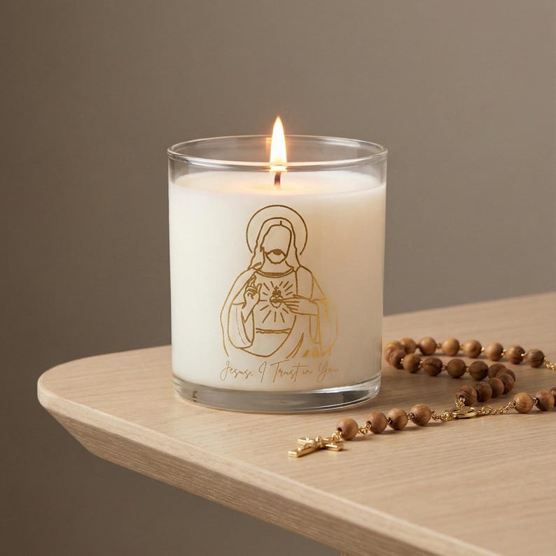 Jesus I Trust in You Scented Soy Candle: Divine Mercy Catholic Gift image 1