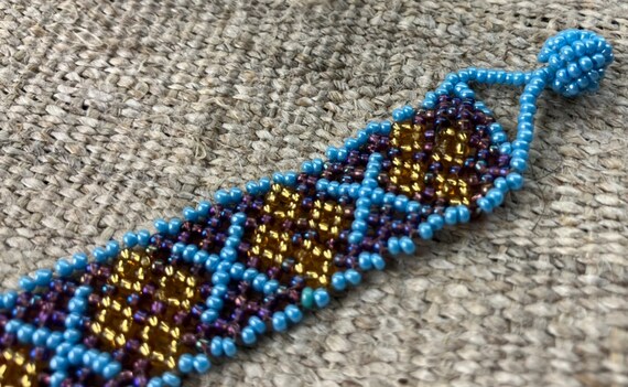 Handmade Glass Beaded Gold Blue Purple Hippie Ret… - image 4