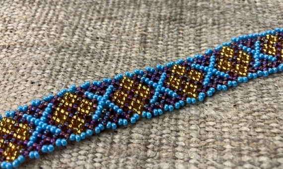 Handmade Glass Beaded Gold Blue Purple Hippie Ret… - image 2