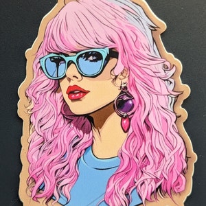 May include: A digital illustration of a woman with pink and white hair wearing blue sunglasses and a blue shirt. She has a purple and pink earring.