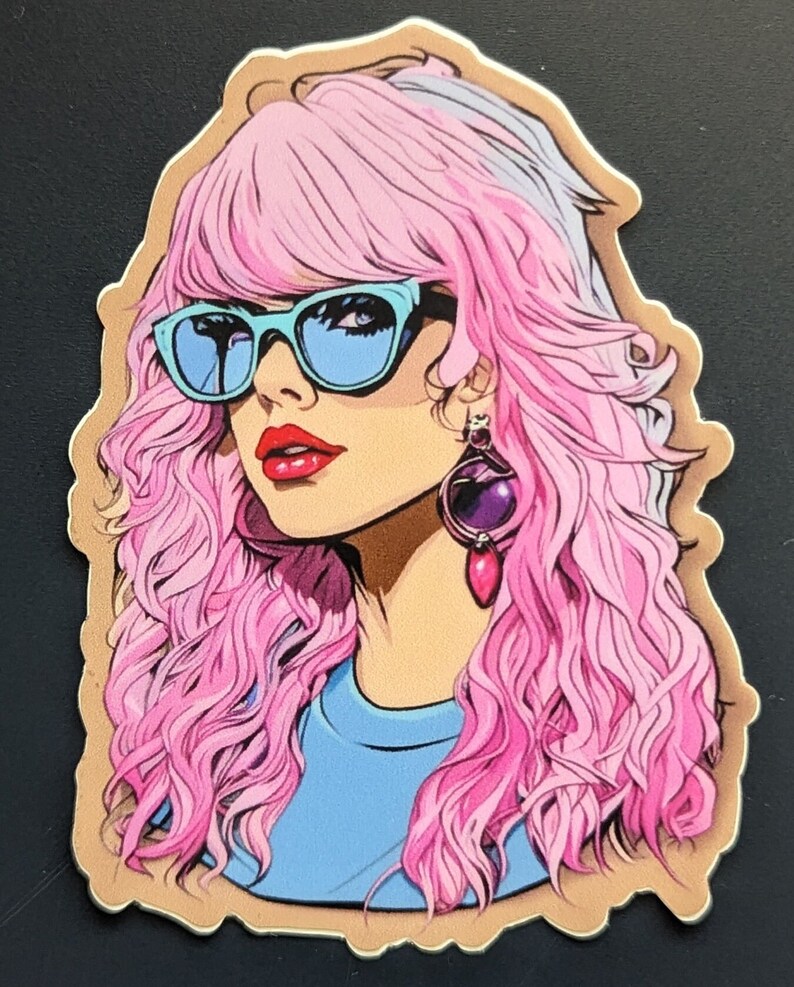 May include: A digital illustration of a woman with pink and white hair wearing blue sunglasses and a blue shirt. She has a purple and pink earring.