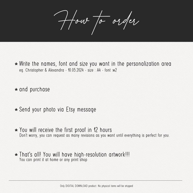 May include: How to order a personalized digital artwork.  Instructions include writing names, font, and size, purchasing, sending a photo via Etsy message, and receiving a proof within 12 hours.  The text also states that high-resolution artwork is available for printing at home or at a print shop.