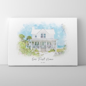 May include: A watercolor painting of a white house with a porch and a blue sky in the background. The text "Our First Home Est. 2023" is written below the house.