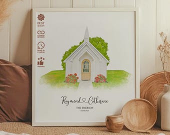 パーソナライズされた水彩画の会場プリント、カスタムウェディング会場の絵画、ウェディング絵画ギフト、会場スケッチ、写真からのギフト、カップルギフト