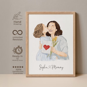 Aangepast handgetekende aquarelportret, Moederdagcadeau, gepersonaliseerde aquarel, cadeau moeder, familieportret, cadeau voor haar