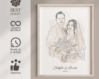 Custom Couple Line Drawing, Personalized Wedding Anniversary Gift