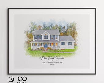 Portrait de maison personnalisé à l'aquarelle, peinture personnalisée, cadeau de pendaison de crémaillère parfait, cadeau agent immobilier, premier cadeau à la maison, cadeau à partir d'une photo