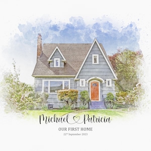 May include: A watercolor illustration of a gray house with a red door. The house is surrounded by green trees and bushes. The text "Michael & Patricia Our First Home 22nd September 2023" is written below the house.