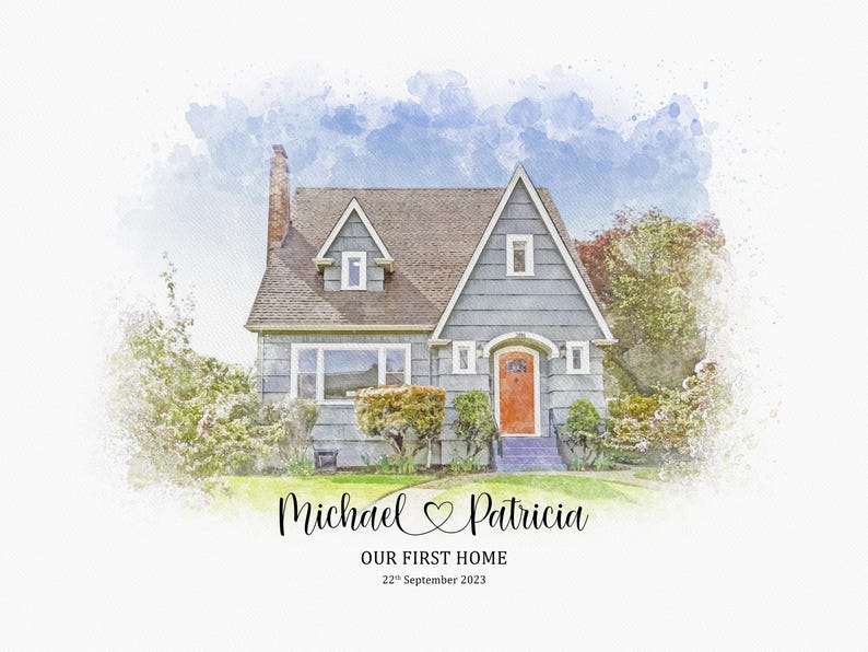 May include: A watercolor illustration of a gray house with a red door. The house is surrounded by green trees and bushes. The text "Michael & Patricia Our First Home 22nd September 2023" is written below the house.