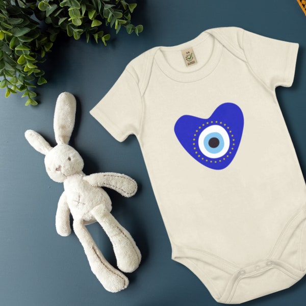 Evil Eye Blue Heart Design, Eco Friendly Baby Onesie - 100% Organic (0-18m)