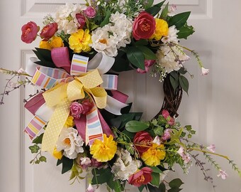 Handmade Floral Spring Wreath: Pink, Yellow, Ivory Blooms with Pastel Bow