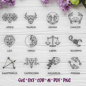 Znaki zodiaku | Geometryczne | SVG, DXF, AI cyfrowy projekt wektorowy do cięcia plazmowego i laserowego lub drukowania | Glowforge | Cricut | Dekoracja ścienna