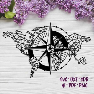 Landkarte Windrose | Geometrische | SVG, DXF, AI Digital Vector Design für Plasma und Laserschneiden oder Drucken | Glowforge | Cricut | Wanddekoration
