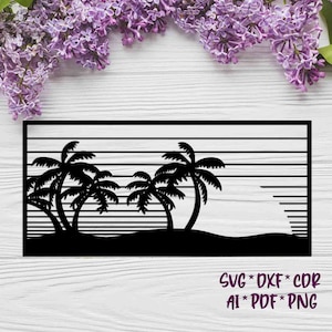 May include: Black and white silhouette of palm trees on a beach with a striped sunset background.  SVG, DXF, CDR, AI, PDF, PNG.