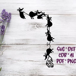 May include: Black silhouette of a line of mice pulling a large piece of cheese. The mice are in a line, with the first mouse pulling the cheese and the last mouse at the end of the line. The image is on a white wooden background. SVG, DXF, CDR, AI, PDF, PNG.