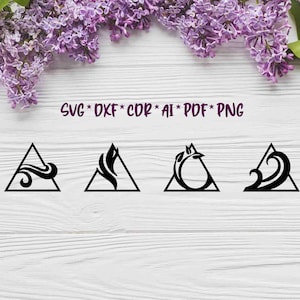 May include: Four black and white triangle designs with different symbols inside. The symbols are a wave, a flame, a circle with a leaf, and a wave. The text "SVG * DXF * CDR * AI * PDF * PNG" is above the designs.