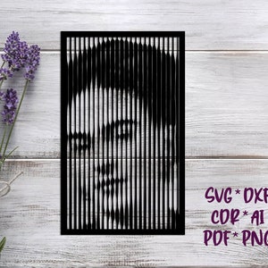 May include: Black and white line art portrait of a person's face. The image is a digital download and includes the file formats SVG, DXF, CDR, AI, PDF, and PNG.