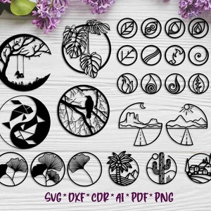 Puede incluir: Piezas de arte mural circulares cortadas con láser en negro, con varios diseños inspirados en la naturaleza. Incluye un árbol con un columpio, hojas de monstera, elementos abstractos, un pájaro en una rama y paisajes. El texto "SVG * DXF * CDR * AI * PDF * PNG" está en la parte inferior.