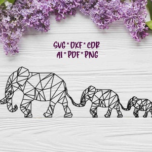 May include: A digital download of three geometric elephant silhouettes in black on a white background. The elephants are connected by their trunks, with the largest elephant in the front and the smallest elephant in the back. The text "SVG * DXF * CDR AI * PDF * PNG" is displayed above the elephants.