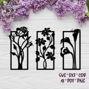 May include: Three black silhouette designs of flowers in rectangular frames. The designs feature a rose, a daisy, and a calla lily.