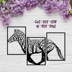 Zebra, Horse, Tree, Branches 3 Panels | SVG, DXF, AI digital vector design for plasma and laser cutting or printing | Glowforge | Cricut