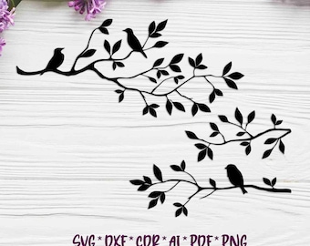 3 Birds on branches | SVG, DXF, AI digital vector files for laser or plasma cutting and printing | Glowforge | Scandinavian | Wall decor