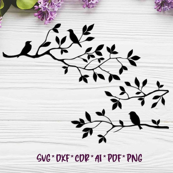 3 Birds on branches | SVG, DXF, AI digital vector files for laser or plasma cutting and printing | Glowforge | Scandinavian | Wall decor