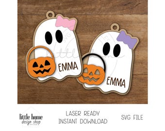 ゴーストボウネームタグレーザーSVG、ハロウィンブーバスケットタグ（デジタルダウンロード）