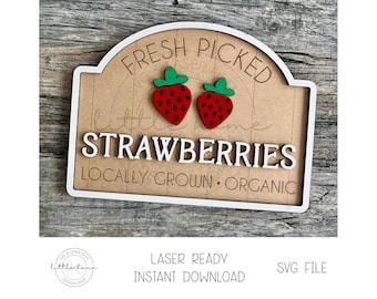 Fresh Picked Strawberry Sign Laser SVG, Summer Shelf Sitter File (Digital Download)