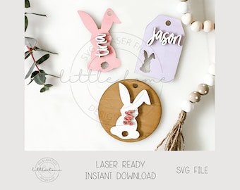 Bunny Easter Basket Tag Bundle Laser SVG, Easter Name File (Digital Download)
