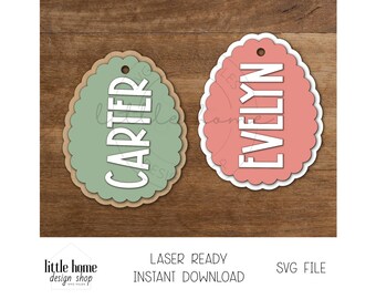 Geschulpt paaseimandje naamplaatje laser-svg, gepersonaliseerd cadeaulabel kind (digitale download)