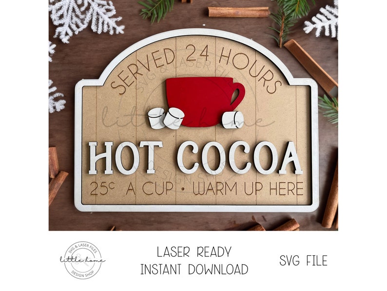 Plik SVG z laserowym szyldem baru z gorącą czekoladą, plik do wycinania na półce Winter Shelf Sitter (pobranie cyfrowe) zdjęcie 1