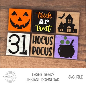 Könnte beinhalten: Sechs Holzschildchen mit Halloween-Motiven. Die Schilder zeigen einen Kürbis, ein Gespenst, ein Haus, die Zahl 31, einen Kessel und die Worte "trick or treat" und "Hocus Pocus".