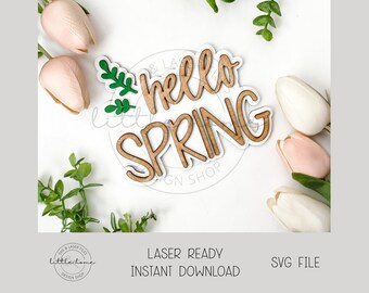 Hola primavera, archivo SVG láser, archivo de corte para estante de primavera (descarga digital)