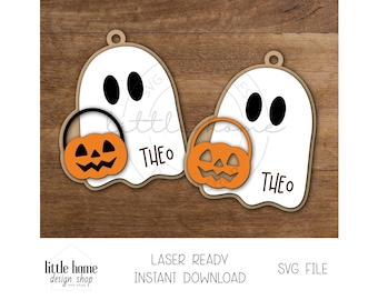 ゴーストバスケットネームタグレーザーSVG、ハロウィンブータグカットファイル（デジタルダウンロード）