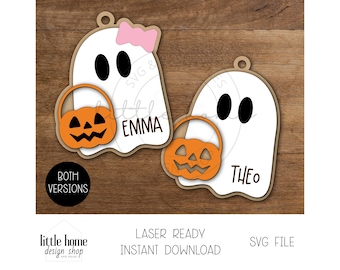 Ghost Boo バスケットネームタグ SVG レーザー、トリック・オア・トリート バッグタグ（デジタルダウンロード）