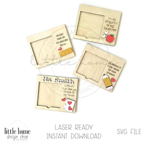 May include: Four laser cut wood frames with different teacher appreciation quotes and designs. The frames are ready to be personalized with a photo. The quotes include "You are appreciated the best teacher ever", "The definition of a good teacher can never be overstated", "We really appreciate you for everything you do!" and "A little note to say thank you for being the best teacher".