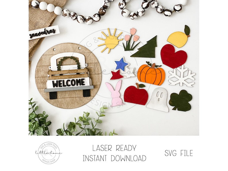 May include: A set of 15 laser-cut SVG files for crafting. The files include a welcome sign with a truck, a sun, flowers, a tree, a pumpkin, a snowflake, a ghost, a shamrock, a heart, a star, an apple, a lemon, and a bunny. The files are ready for instant download.
