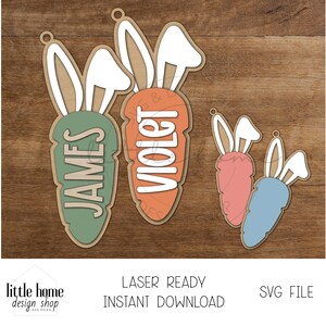Étiquette de nom de panier de carottes de Pâques Svg, fichier laser d'étiquette de carotte d'oreille de lapin, fichier laser d'étiquette de panier de carotte, fichier découpé au Laser de carotte de Pâques