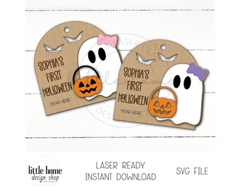 最初のハロウィーン記念品レーザーカットSVGファイル、ゴーストバスケットタグSVG（デジタルダウンロード）