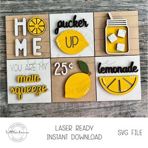 Sinal inclinado intercambiável de limão Svg, inserções de escada de verão, arquivos de corte a laser de limão, bandeja em camadas de limão Svg, arquivos prontos para laser Glowforge