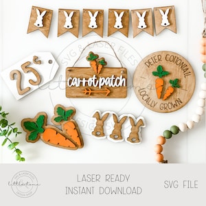 May include: A set of laser-cut wooden Easter decorations featuring bunnies, carrots, and signs. The signs read "25c", "carrot patch", and "Peter Cottontail Locally Grown".
