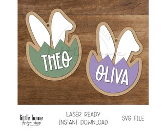 Bunny Ear Personalized Basket Tag Laser SVG File, Easter Tag For Kids (Digital Download)
