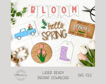 Archivo cortado a láser para bandeja escalonada de primavera, paquete de letreros para mercado de flores SVG (descarga digital)