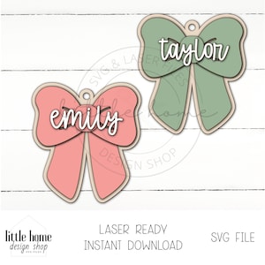 Bow Name Tag Laser Svg, Bow Backpack Tag Laser Svg File, Bow Basket Tag Laser File, Bow Keychain Laser File, Kids Luggage Bag Tag Svg